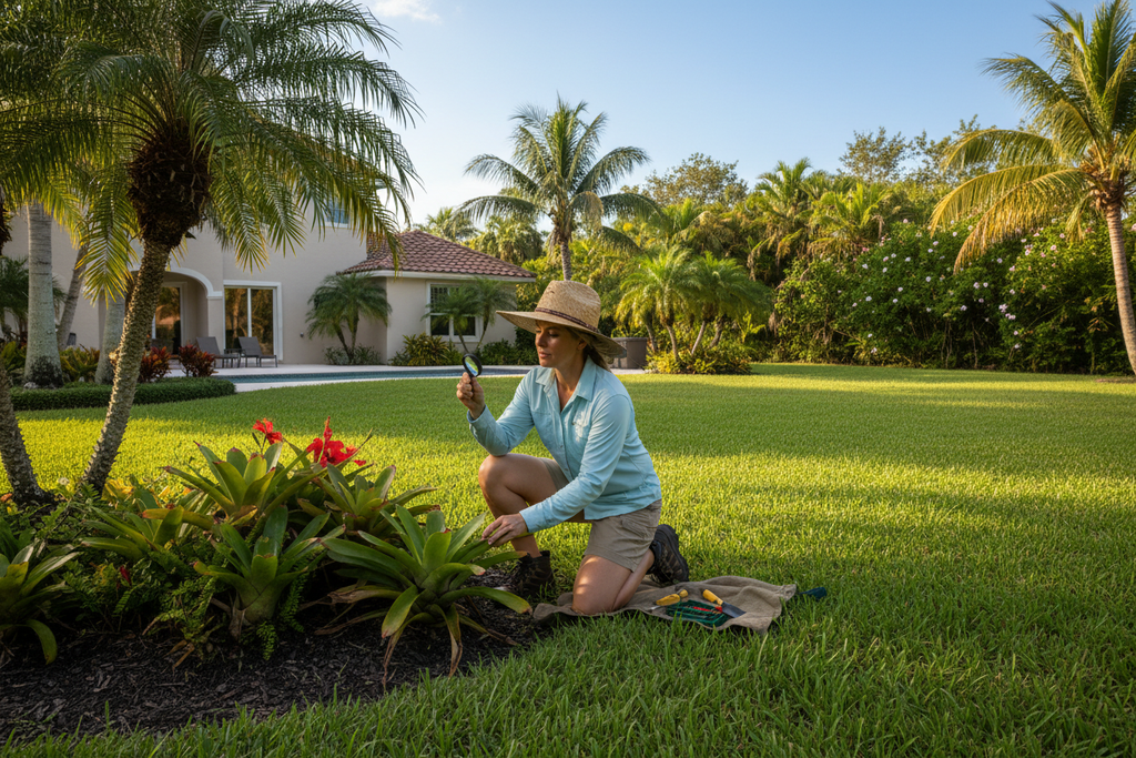 Landscaping specialist assessing yard health in SW Florida