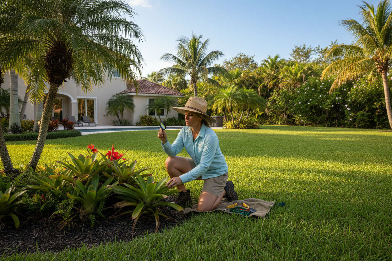 Landscaping specialist assessing yard health in SW Florida