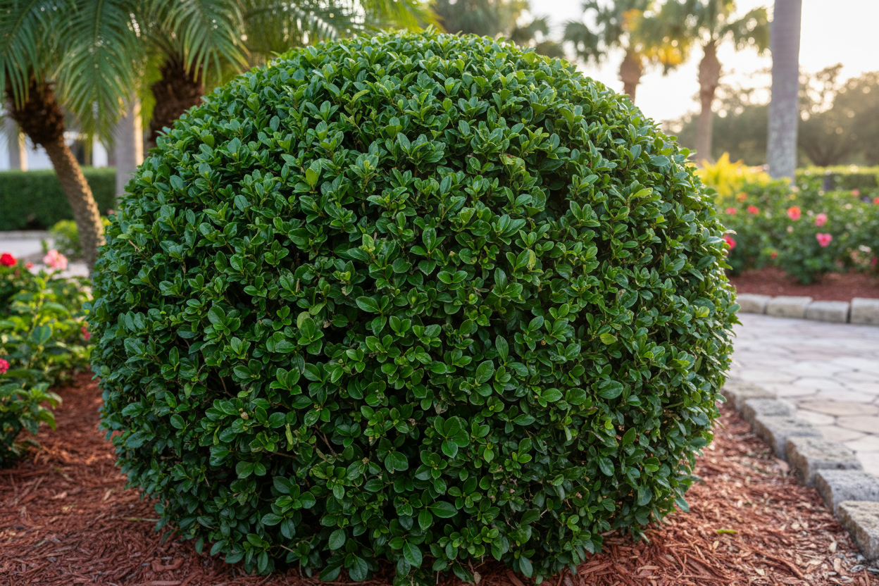 Neatly trimmed ornamental shrub after professional shaping