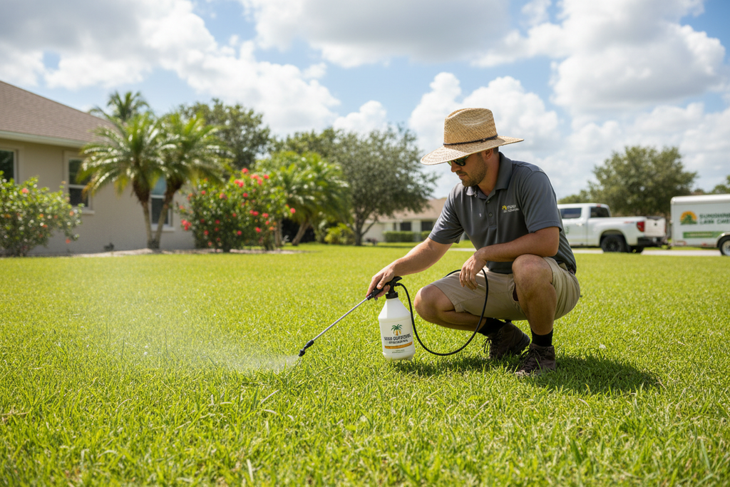 Specialist applying weed spot-treatment to Florida lawn