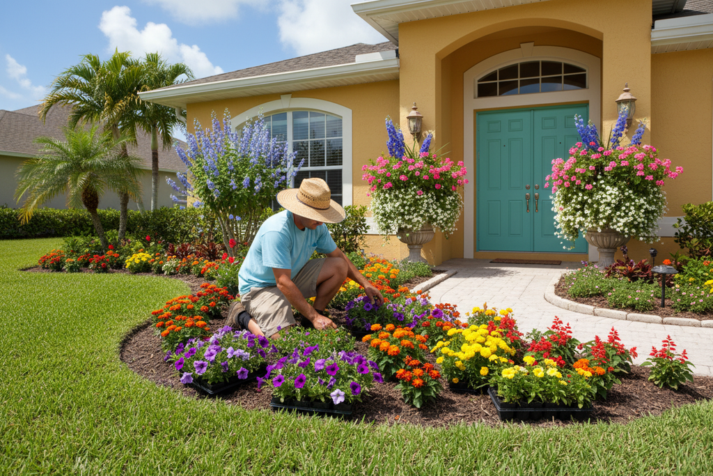 Landscaper installing vibrant seasonal flowers in Florida garden beds