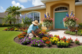 Landscaper installing vibrant seasonal flowers in Florida garden beds