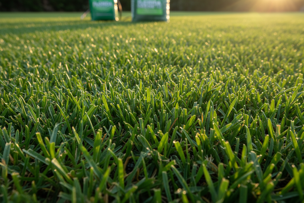 Thick vibrant green Florida turf after fertilization treatment