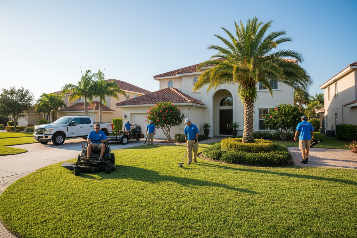 Lawn care crew mowing and edging residential Florida yard