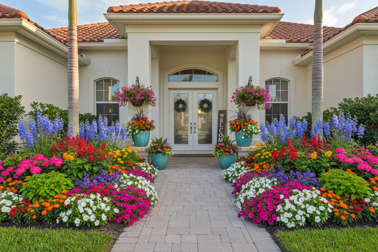 Beautiful seasonal flower installation at Florida home entrance
