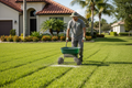 Professional applying fertilizer to Florida lawn with spreader