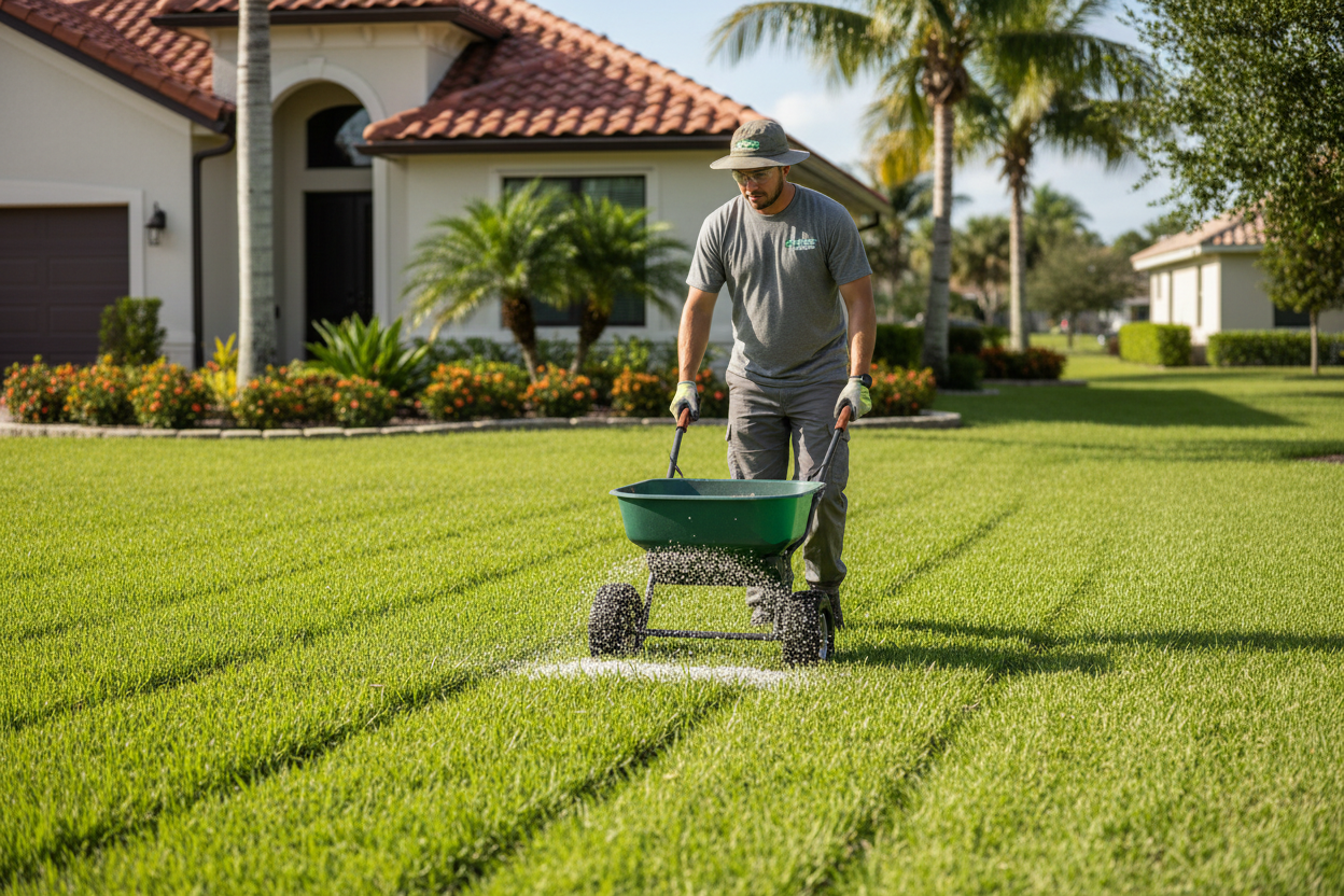 Professional applying fertilizer to Florida lawn with spreader