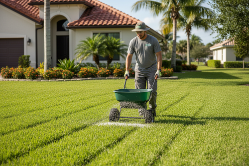Professional applying fertilizer to Florida lawn with spreader