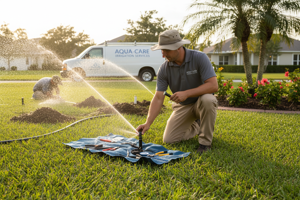 Irrigation technician inspecting and repairing sprinkler system