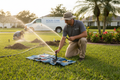 Irrigation technician inspecting and repairing sprinkler system