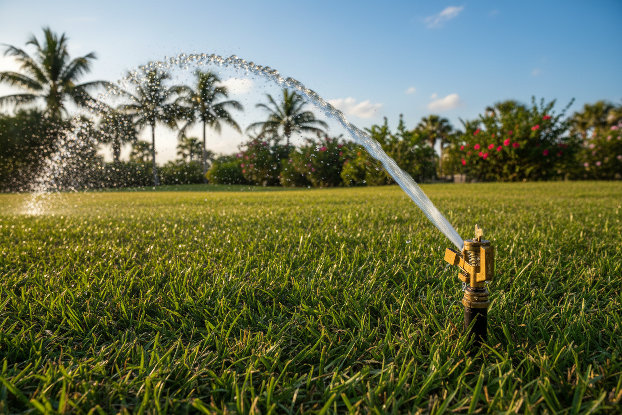 Sprinkler head spraying water over lush green lawn