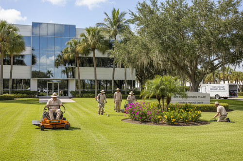Grounds care crew maintaining commercial property landscape in Florida