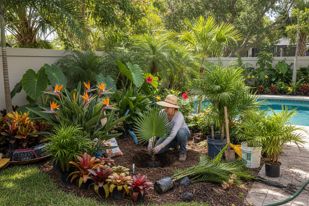 Landscaper planting tropical plants in Florida garden