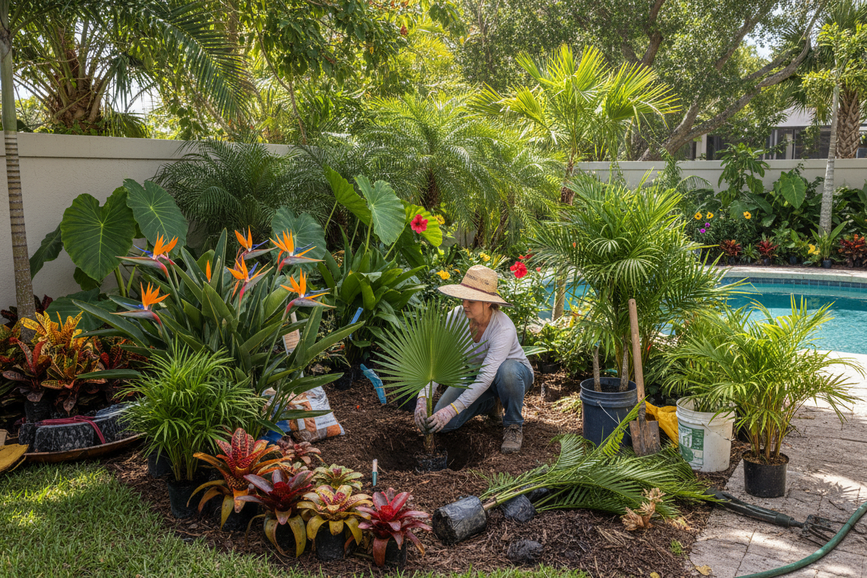 Landscaper planting tropical plants in Florida garden