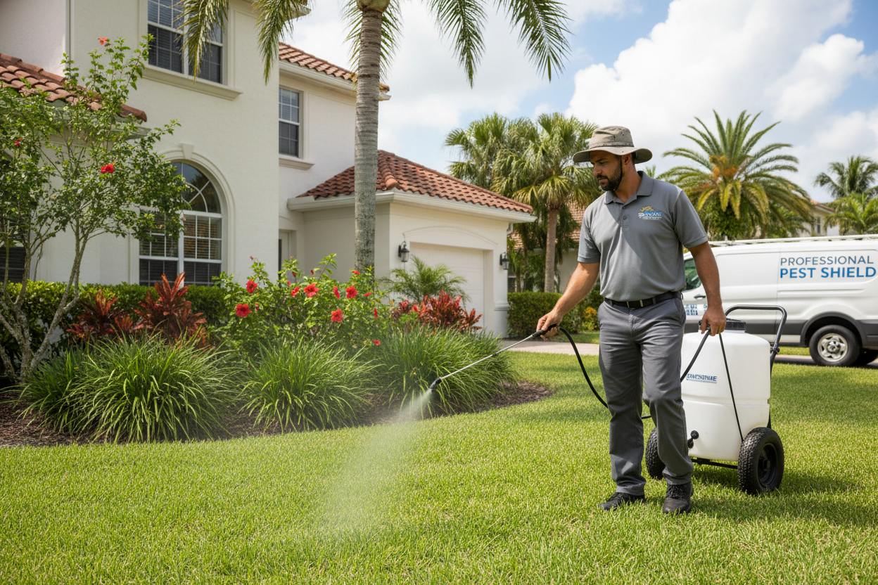 Pest control technician spraying Florida lawn and plants