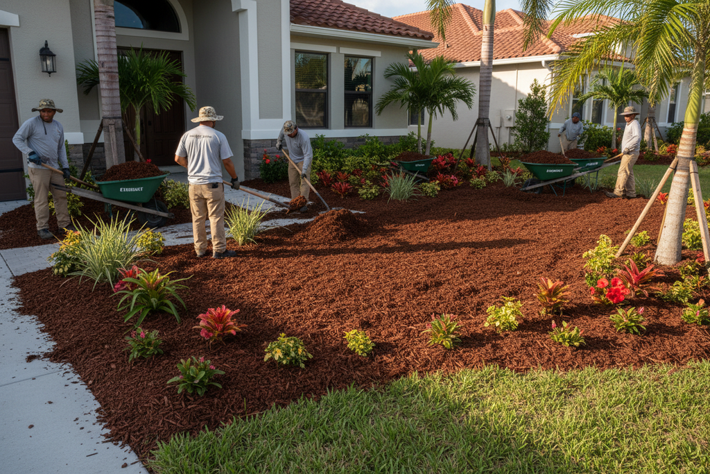 Crew spreading premium dark mulch across Florida landscape beds
