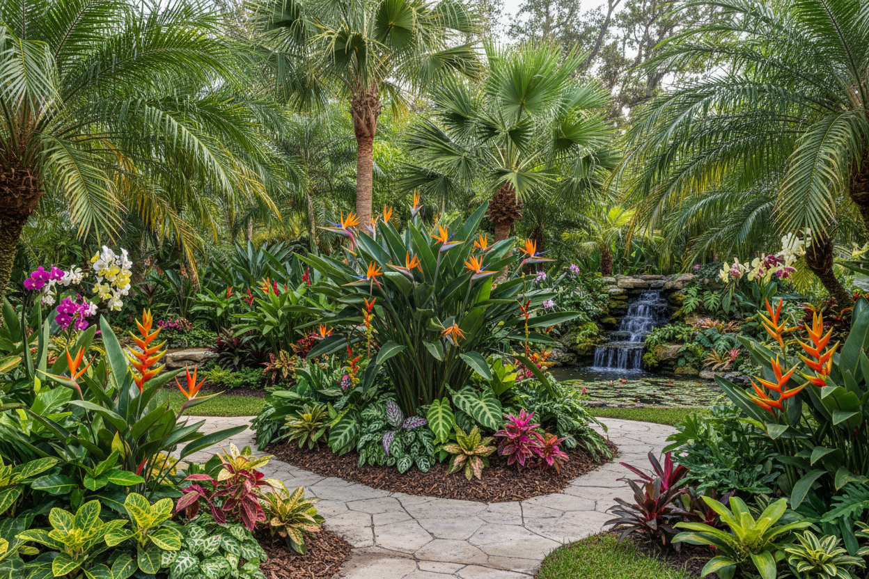 Lush vibrant tropical garden after professional planting in Florida