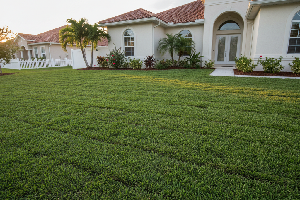 Freshly installed uniform green sod lawn at Florida home