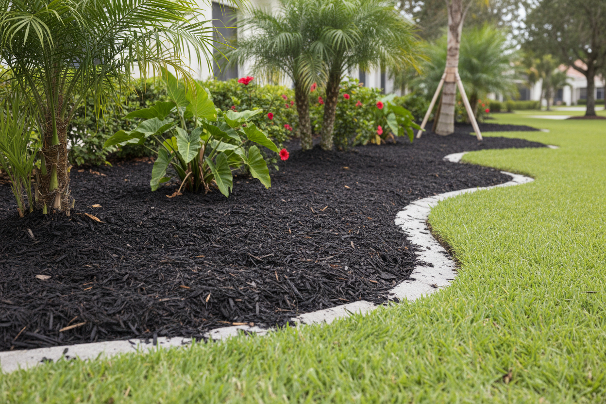 Freshly mulched landscape beds with rich dark mulch at Florida property