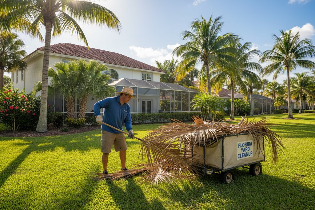 Worker removing fallen palm fronds from Florida yard
