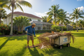 Worker removing fallen palm fronds from Florida yard