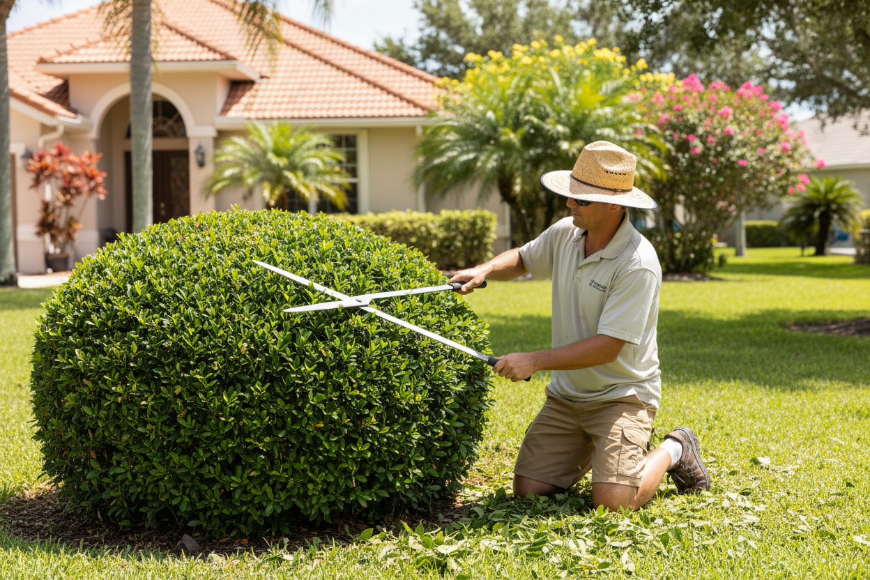 Landscaper shaping ornamental shrub with hedge clippers