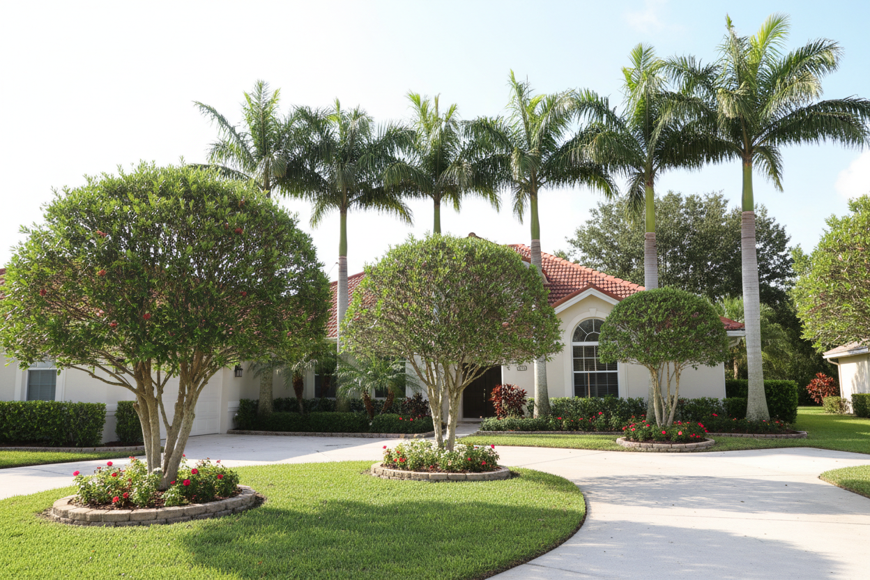 Beautifully shaped ornamental trees and palms after trimming service