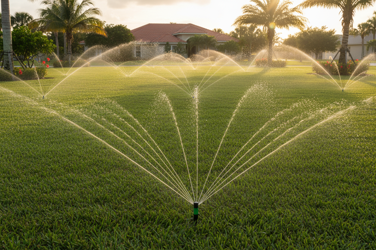 Irrigation system watering Florida lawn evenly and efficiently
