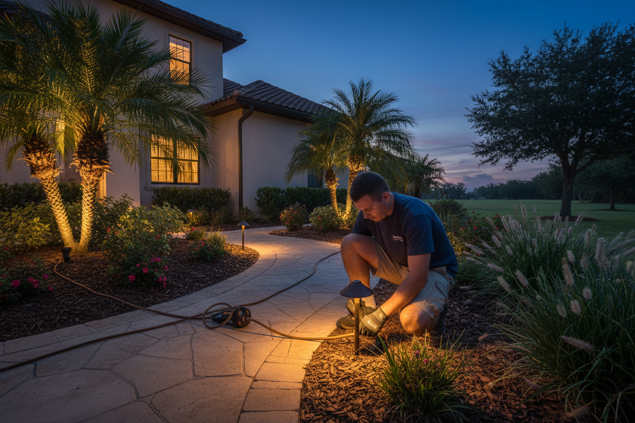 Installing low-voltage accent landscape lighting at Florida home