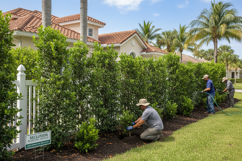 Landscaper planting hedge privacy screen along Florida property