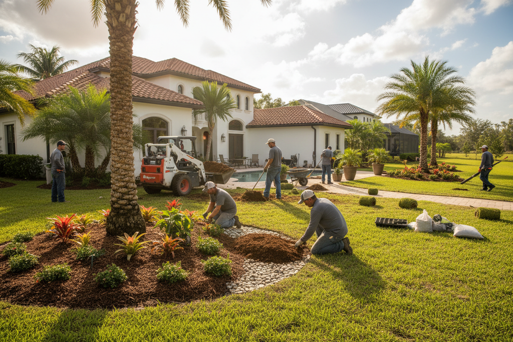 Landscaping team transforming entire Florida property with comprehensive enhancement