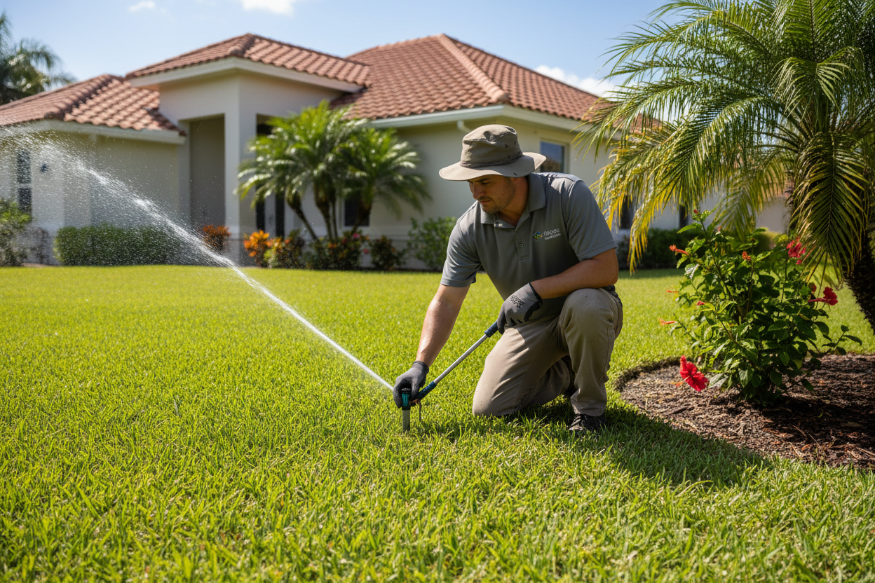 Technician adjusting sprinkler head in Florida lawn