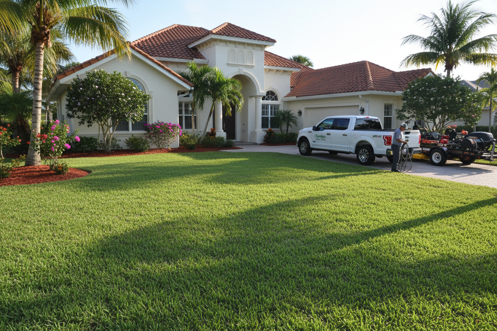 Pristine residential lawn after professional maintenance service