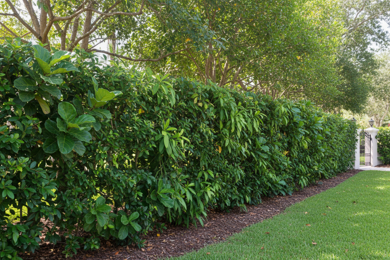 Lush green hedge privacy screen along Florida property boundary