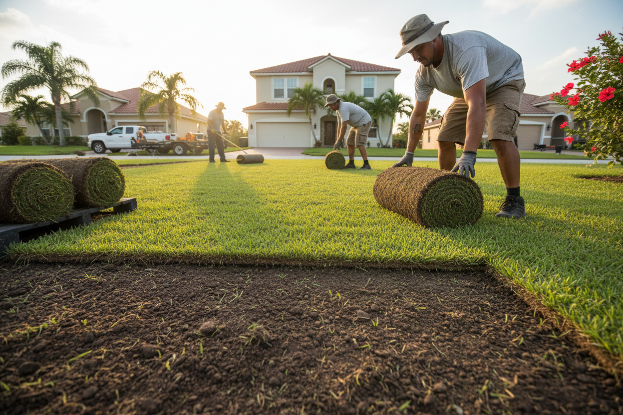 Crew laying fresh sod rolls during Florida lawn renovation