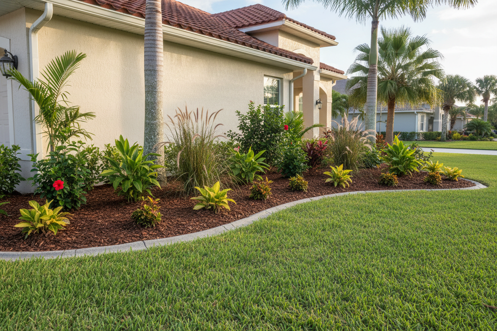 Refreshed landscape bed with new plants and fresh mulch