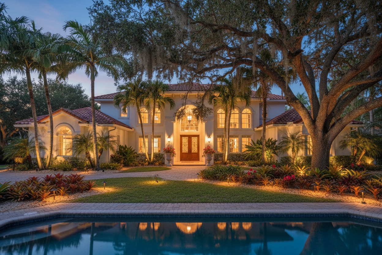Florida home at dusk with professional landscape lighting glowing